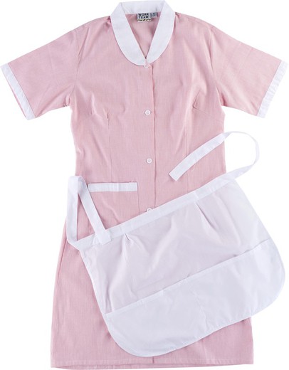 Short-sleeved robe with buttons and a bag and white short apron with 2 pockets Pink White