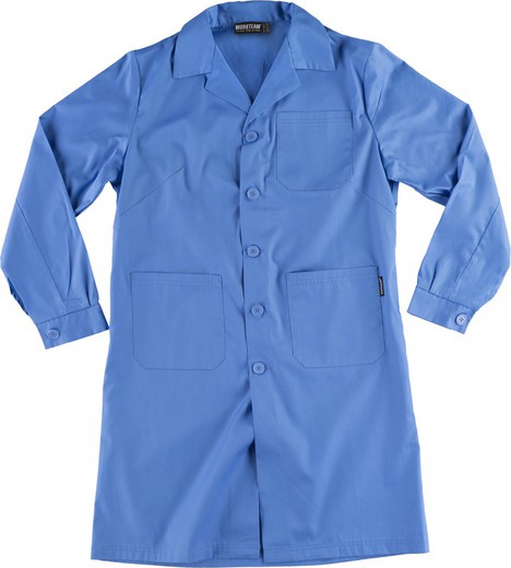 Vestido de senhora com fecho de botão, uma bolsa no peito e 2 lados - Azul Claro