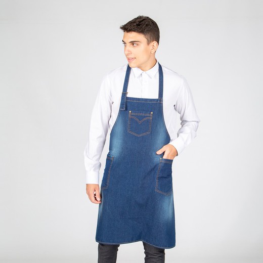 Bib apron worn indigo denim wash with pocket 80x82 cm "redline"