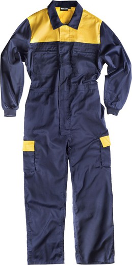 Jumpsuit with combined yoke, nylon zippers, two leg bags with combined flaps Navy Yellow