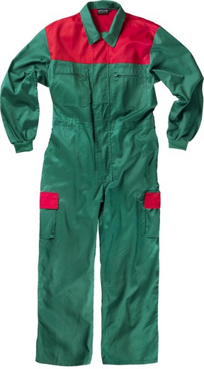 Jumpsuit with combined yoke, nylon zippers, two leg bags with combined flaps Green Red