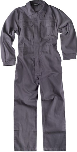 Straight jumpsuit with concealed metal zipper and 2 chest bags with flaps 100% Cotton Gray