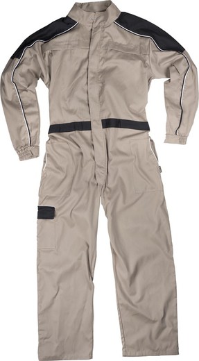 Straight jumpsuit with strap collar, yoke and two-tone details Beige Black