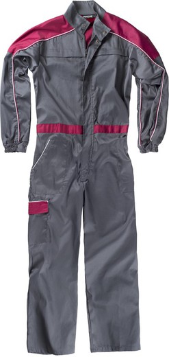 Straight jumpsuit with strip neck, yoke and two-color details Maroon Gray