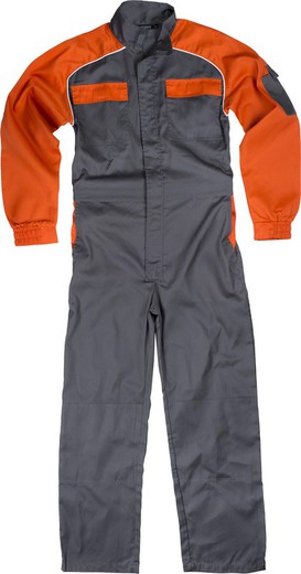 Straight jumpsuit with strip neck, sleeves and two-tone details Gray Orange