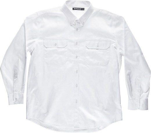 Long-sleeved shirt, with two chest bags with flaps 100% Cotton White