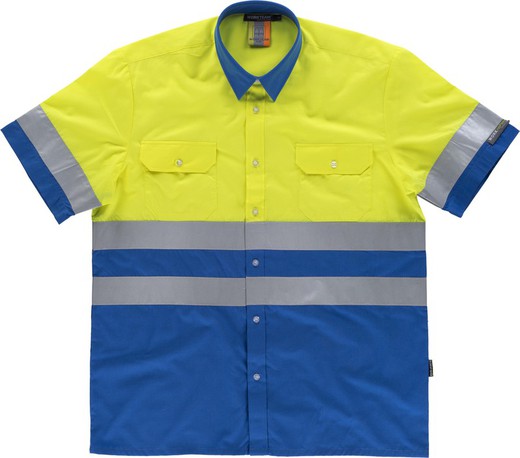 Camisa manga corta combinada con 2 bolsos de pecho Azulina / Amarillo