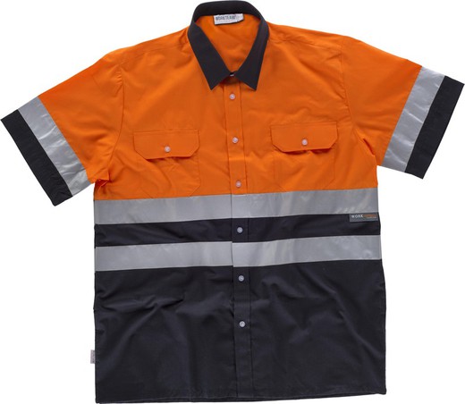 Chemise à manches courtes combinée avec 2 poches poitrine et bandes réfléchissantes Navy Orange AV