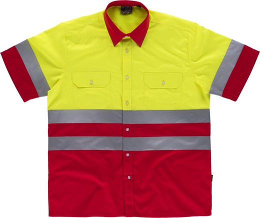 Camisa manga corta combinada con 2 bolsos de pecho Rojo / Amarillo