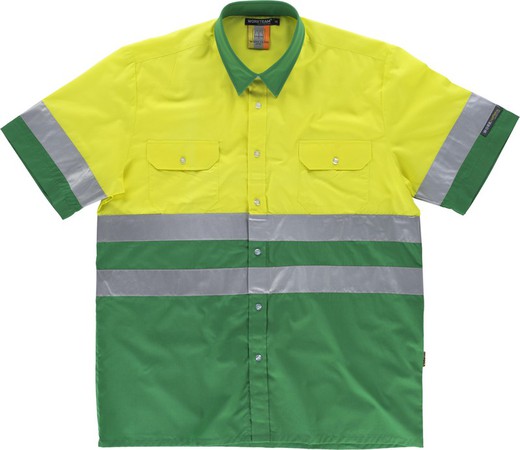 Camicia a maniche corte combinata con 2 buste pettorali e nastri riflettenti verde giallo AV