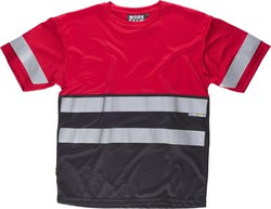 Kurzärmliges, zweifarbiges T-Shirt mit Box-Ausschnitt, 2 reflektierenden Bändern auf Brust und Rücken und eines an den Ärmeln. Rot Schwarz