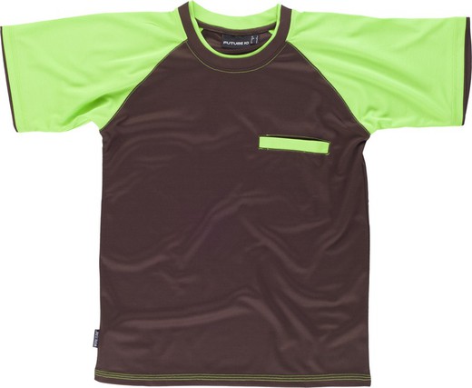 Short-sleeved T-shirt with contrasting sleeves and chest pocket Brown Lime Green