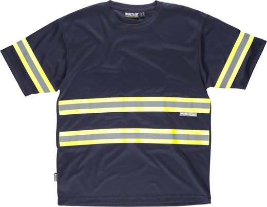 T-shirt manches courtes, col rond, bandes réfléchissantes combinées Navy Yellow AV