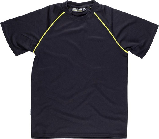 T-shirt de services à manches courtes, col rond, type mesh avec passepoil en AV Noir Jaune AV