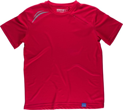 Technical short sleeve T-shirt with fluorescent details and chest pocket with hidden zipper Red