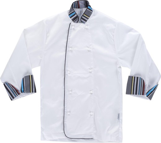 Chef jacket with safety buttons, white striped print combined cuffs