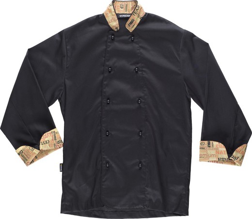 Chef jacket with safety buttons, combined cuffs printed with letters Black