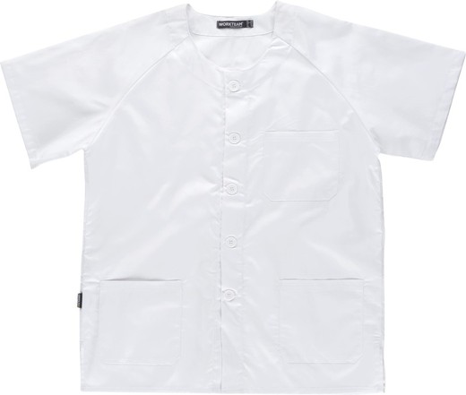 Jaqueta sanitária com botões de mangas curtas, uma bolsa no peito e duas bainhas Branco