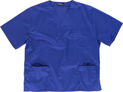 Jaqueta de mangas curtas com decote em V, uma bolsa no peito, duas bolsas baixas Indigo