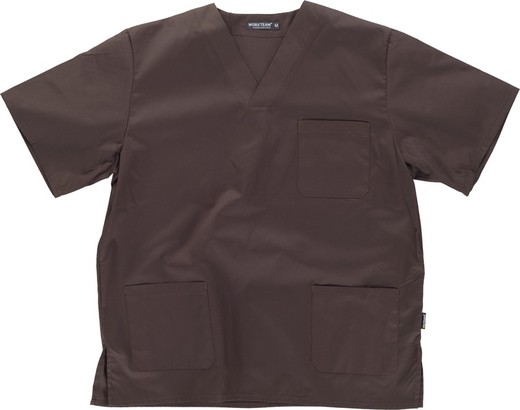 Jaqueta sanitária com decote em V com mangas curtas, uma bolsa no peito, duas bolsas baixas Brown