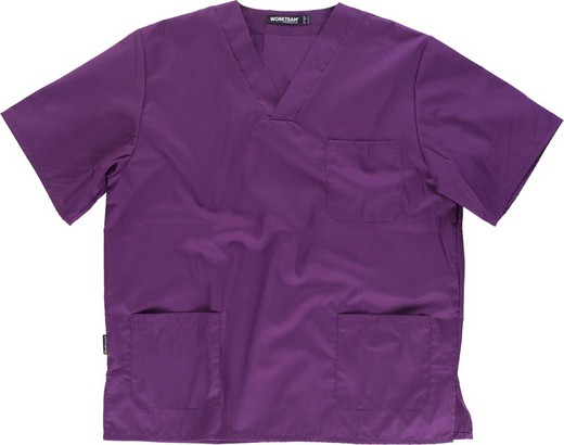 Jaqueta de mangas curtas com decote em V, uma bolsa no peito, duas malas roxas