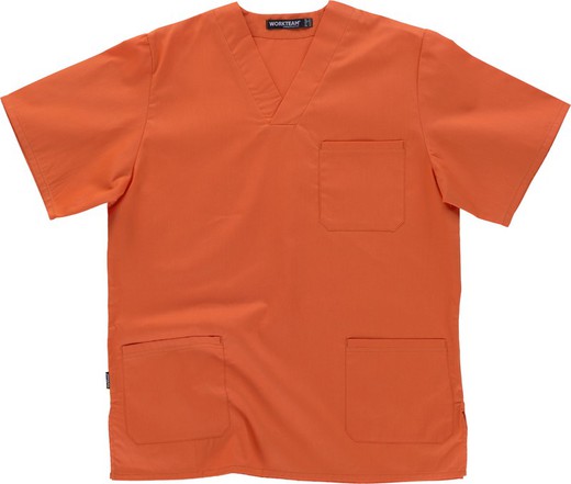 Veste sanitaire à col en V à manches courtes, un sac de poitrine, deux sacs bas Orange