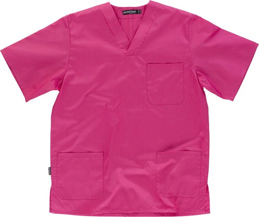 Kurzarm-Damenjacke mit V-Ausschnitt, eine Brusttasche, zwei niedrige Taschen Fuchsia Pink