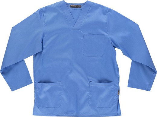 Jaqueta de mangas compridas com decote em V, uma bolsa no peito e duas bolsas baixas Celeste
