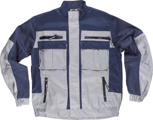 Two-tone jacket with zip, strip collar, 2 chest bags and 2 hems Navy Gray