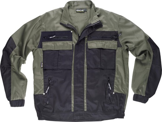 Two-tone jacket with zip, strip collar, 2 chest bags and 2 hem. Khaki Green Black