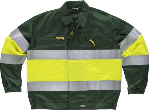 Jacke mit 2 Warnbändern und reflektierendem EN471 Dunkelgrün Gelb AV