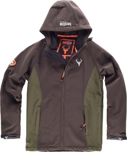 Workshell jacket with 2 side pockets and one chest pocket, combined, with hood Brown / Hunting Green