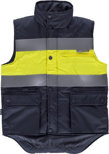 Padded and multi-pocket vest with two reflective tapes and high-visibility fabric Navy Yellow AV
