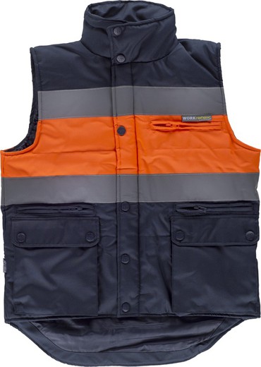Colete acolchoado e com vários bolsos, com duas fitas refletivas e tecido de alta visibilidade Navy Orange AV