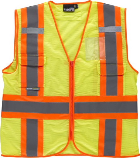 High visibility vest, multi-pocket, vertical and horizontal bi-color reflective tapes Yellow AV Orange AV
