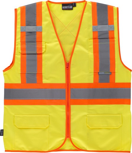 Gilet haute visibilité, multi-poches, bandes réfléchissantes bicolores verticales et horizontales Jaune AV Orange AV