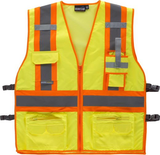 Gilet haute visibilité, multi-poches, bandes réfléchissantes bicolores verticales et horizontales Jaune AV Orange AV