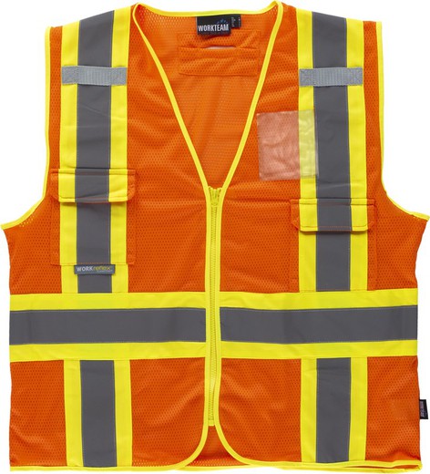 Gilet ad alta visibilità, multi-tasca, nastri riflettenti bicolore verticale e orizzontale Arancione AV Giallo AV