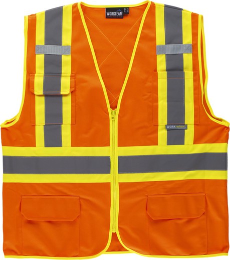 Gilet haute visibilité, multi-poches, bandes réfléchissantes bicolores verticales et horizontales Orange AV Jaune AV