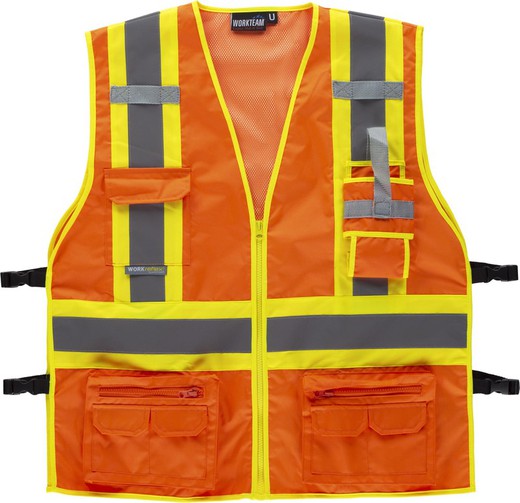 Gilet haute visibilité, multi-poches, bandes réfléchissantes bicolores verticales et horizontales Orange AV Jaune AV