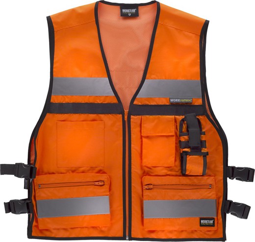 Gilet haute visibilité avec réglages latéraux, multi-poches, deux bandes réfléchissantes Orange AV