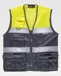 Two-tone multi-pocket safari vest with two high-visibility ribbons Gray Yellow AV