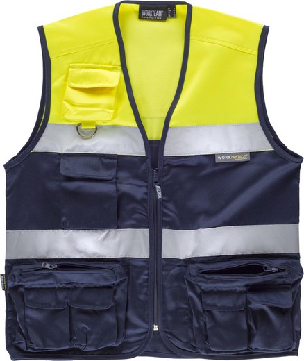 Two-tone multi-pocket safari vest with two high-visibility ribbons Navy Yellow AV