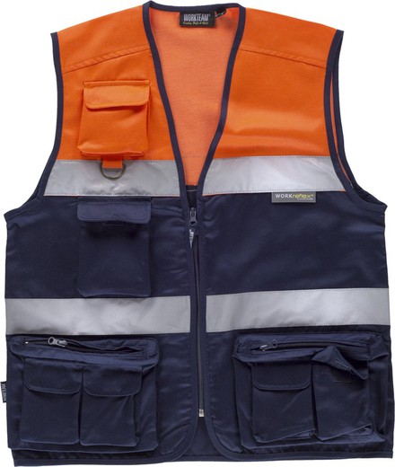 Gilet safari bicolore multi-poches avec deux rubans haute visibilité Navy Orange AV