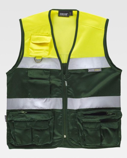 Two-tone multi-pocket safari vest, with two high-visibility ribbons Dark Green Yellow AV