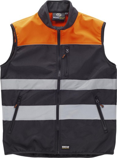 Workshell vest combined with high visibility, reflective tapes of different sizes Black Orange AV