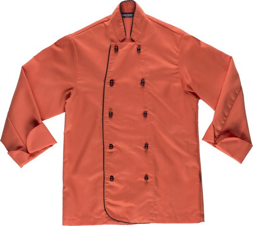 Jaqueta de cozinha unissex coral com botões de segurança e tubulação contrastante