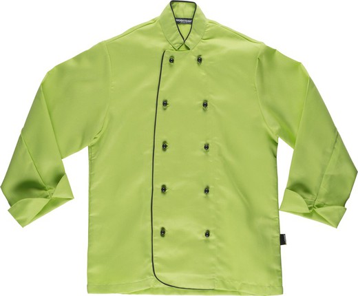 Unisex-Küchenjacke mit Sicherheitsknöpfen und kontrastierenden Paspeln in Limonengrün