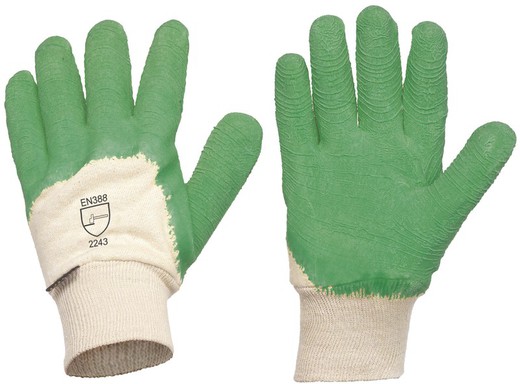 Gant dos en coton enduit de latex, Manchette élastique verte. PACK 12 und