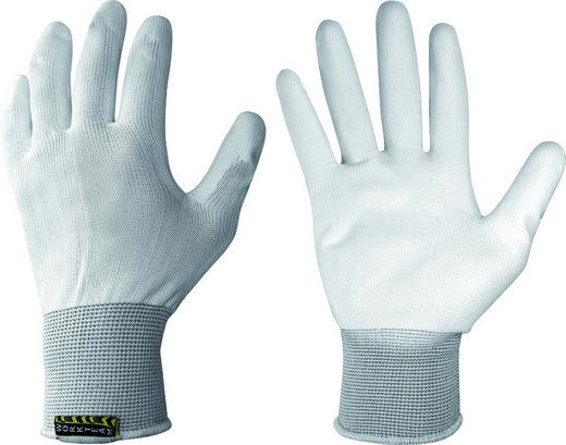 Luvas de PU, costas em poliéster branco frio e punho elástico branco. PACK 12 und